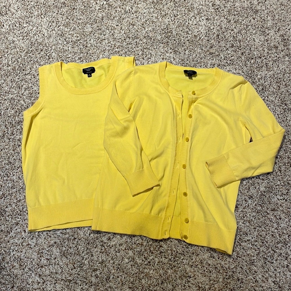 Talbots petite yellow sweater set. Sleeve shell, button down sweater.